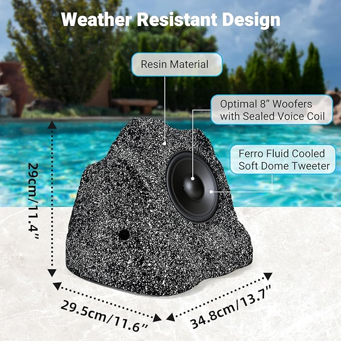 Herdio 8" Outdoor Rock Bluetooth Speakers IPX7 Waterproof Wired Max Power 1200 Watt All Weather for Deck Pool Backyard Patio Garden (2 Pair Black)