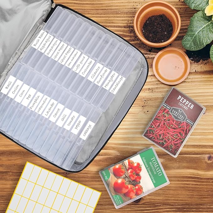 26 Slots Seed Storage Organizer Box with Insulated Bag That Holds 80-200 Seed Envelopes, Oxford Cloth Garden Seed Containers with Labels, Seed Packet Organizer for Plant, Flower ,Vegetable Seeds