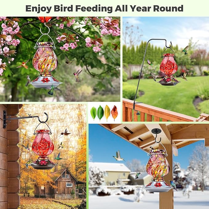 BOLITE Hummingbird Feeder, Hand Blown Glass Hummingbird Feeders for Outdoors Hanging, with Ant Moat and 5 Feeding Ports, 22 Ounces, Purple, Birthday Gifts for Women Men, Gifts for Mom Dad