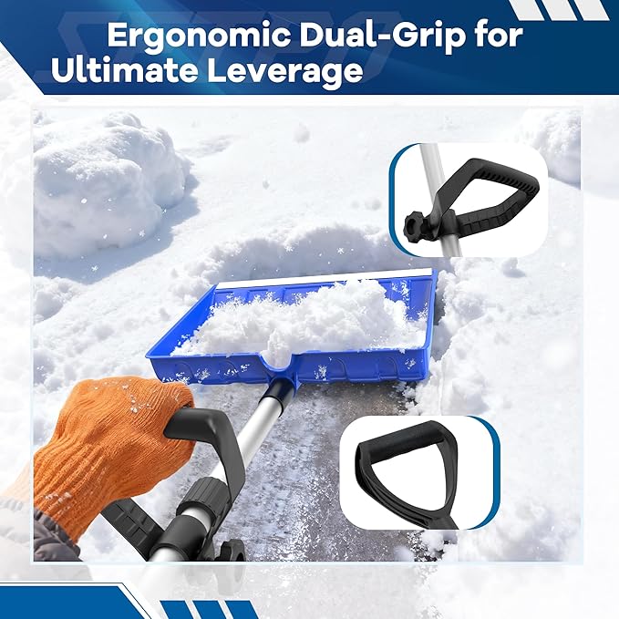 48 Inch Snow Shovel for Driveway Car Garage, Snow Removal with D-Grip Handle Aluminum Strip, Ergonomic Heavy Duty Snow Shovel for Home Garden Outdoor, Blue
