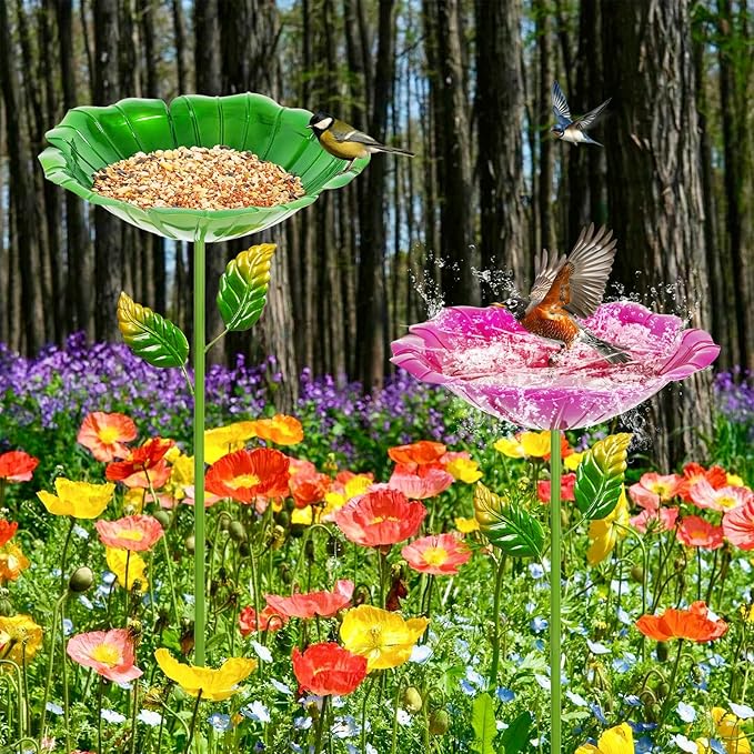 2 Pack Bird Bath for Outside, 31.3" H Metal Birdbaths, 10.63" Dia Garden Flower Bird Water Bowl, Freestanding Hummingbird Bath for Outdoors Garden Patio Yard Decor (Red,Green)