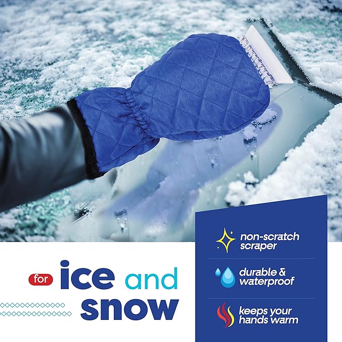 SCRUBIT Ice Scraper with Glove - Car Windshield Scraper for Ice and Snow w/Fleece Mitt - Quickly Scrape and Remove Snow While Staying Warm - Waterproof & Windproof - Car Scraper Snow Brush (Blue)