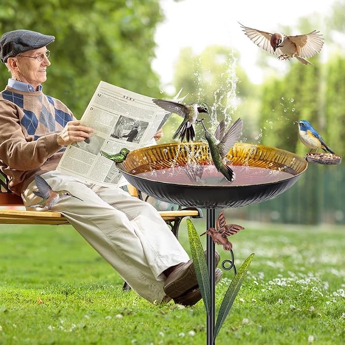 Metal Bird Bath for Outside, 41.5" Detachable Birdbath with Bowl & Decorative Birds, Easy to Clean Iron Garden Birdbath & Feeder for Outdoor Garden Lawn Yard Decor(Red+Yellow)