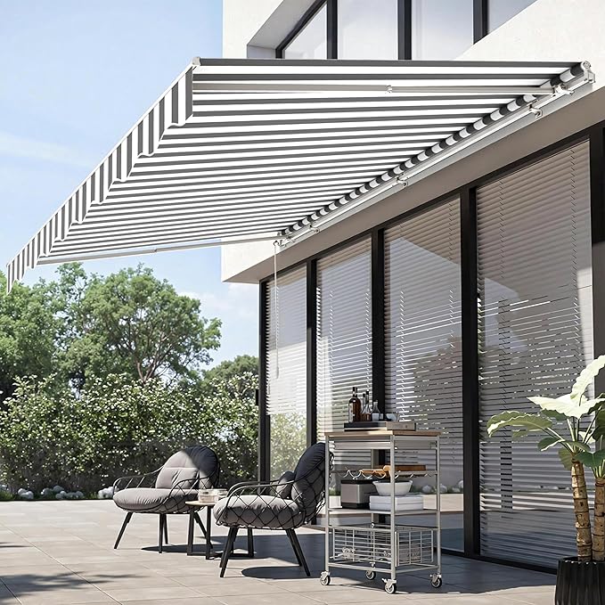 MCombo 11.5x9.5 Feet Manual Retractable Patio Door Window Awning Sunshade Shelter Outdoor Canopy, 1210 (Grey with White Stripes, 11.5'(L) x 9.5'(W))