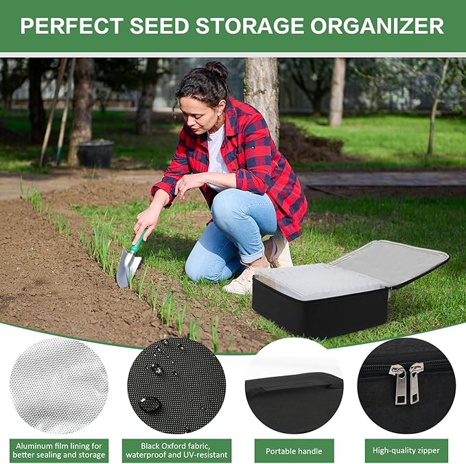 26 Slots Seed Storage Organizer Box with Insulated Bag That Holds 80-200 Seed Envelopes, Oxford Cloth Garden Seed Containers with Labels, Seed Packet Organizer for Plant, Flower ,Vegetable Seeds