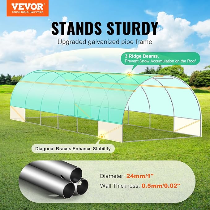 VEVOR Walk-in Tunnel Greenhouse, 29.2x9.7x6.5 ft Hoop House Greenhouse Tunnel, Plant Hot House with Galvanized Steel Frame, Green PE Cover, Roll-up Zipper Door and 12 Windows for Outdoor
