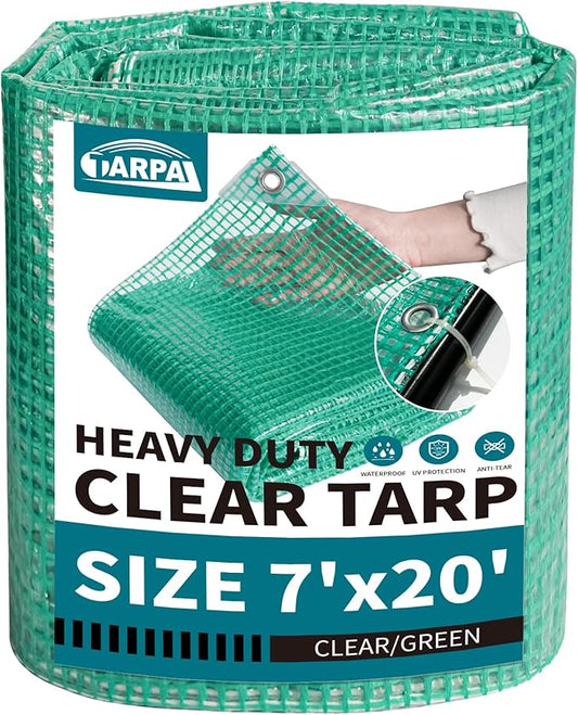 TARPAL 7'x20' Clear Green Tarp Heavy Duty Waterproof 12mil with Grommets or Zip Ties for Large Greenhouses for Outdoors Garden,Farm,Chicken Coops