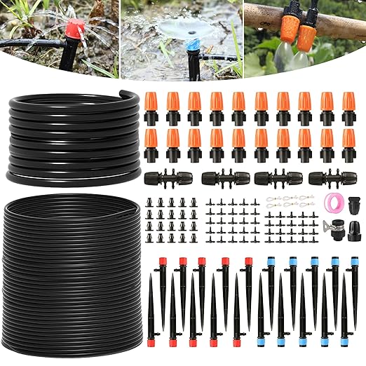 Drip Irrigation System Kit for Garden Greenhouse & Patio – 226FT Garden Watering System with 1/4 & 1/2 Tubing Adjustable Nozzles Barbed Fittings & Emitters – Perfect for Home Small Farms