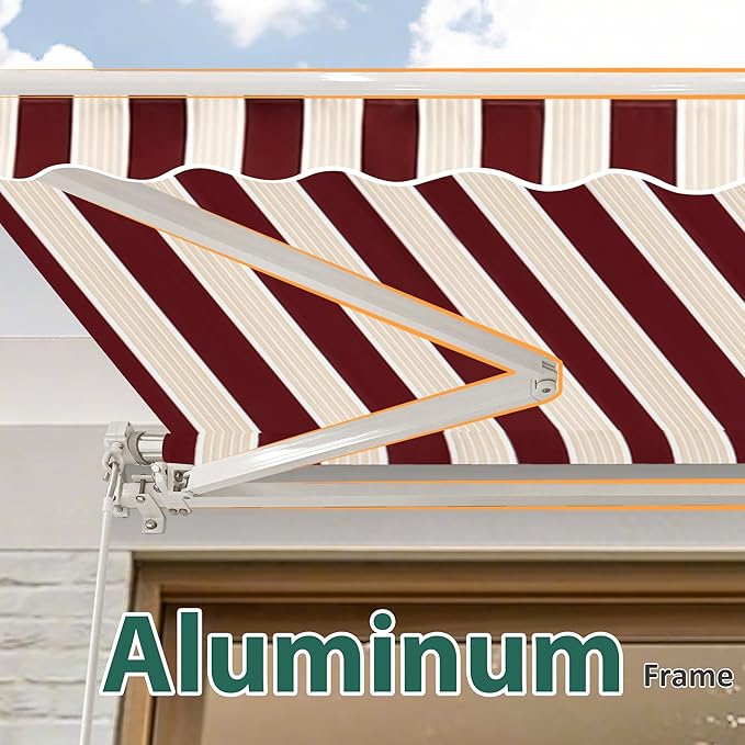 MCombo 11.5x9.5 Feet Manual Retractable Patio Door Window Awning Sunshade Shelter Outdoor Canopy,1210 (Brick Red with Beige Stripes, 11.5'(L) x 9.5'(W))