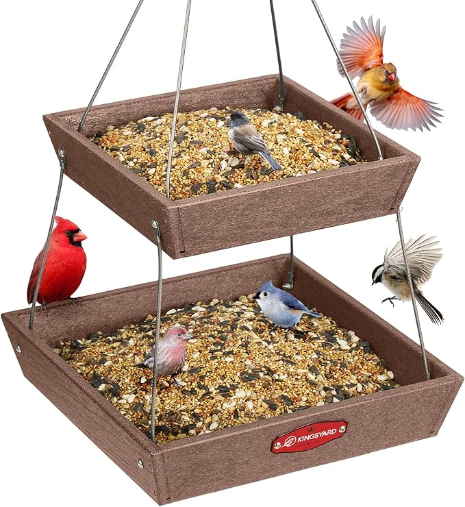 Kingsyard 2 Tier Platform Bird Feeder for Outdoors Hanging, Recycled Plastic Flat Bird Feeder Tray with Large Capacity 5 lbs, Garden Decoration Attracting Wildbirds, Brown