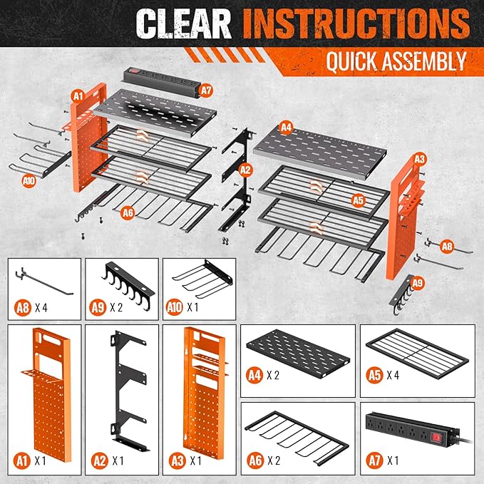 Heavy Duty Power Tool Organizer Wall Mount with Charging Station, Large Garage Organization with 10 cordless Drill Holder, 4 Layers Tool Organizers and Storage, Tool Rack with 6 Power Strip,Orange