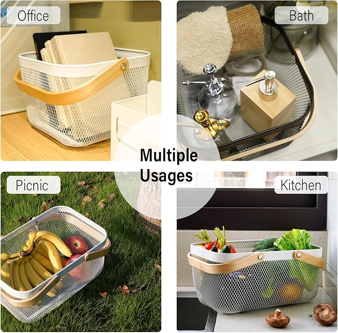 Metal Mesh Steel Harvest Basket, Rectangle Wire Garden Basket with Handle – Multi-functional Storage Organizer for Gathering Vegetables, Fruits, Kitchen, Garden, Picnic & Cabinet (Ivory)