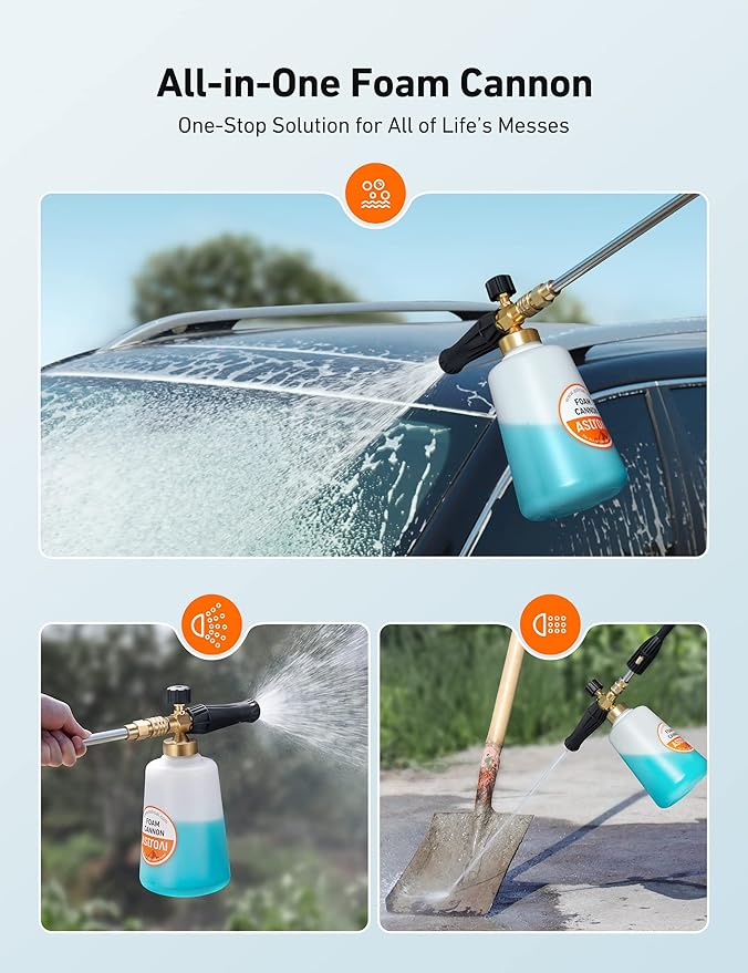 AstroAI Foam Cannon Heavy Duty Car Foam Blaster Wide Metal Neck Bottle Adjustable Snow Foam Lance for Pressure Washer with 1/4" Quick Connector and 1.5 L Bottle,not Used with Garden Hose