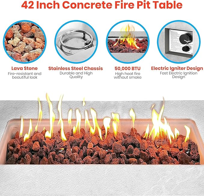 SereneLife Outdoor Propane Fire Pit Table - CSA/ETL Certified Safe 50,000BTU Pulse Ignition Weatherproof Square Propane Gas Fire Table - Adjustable Flame, Thermocouple - PVC Cover, Lava Rock