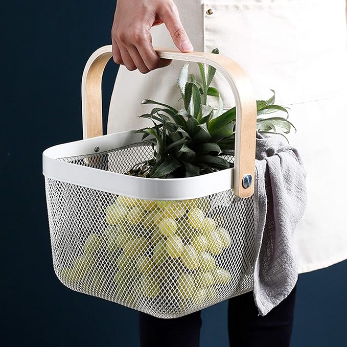 Metal Mesh Steel Basket, Storage Organizer Basket Multi-functional Hanging Kitchen Baskets Fruit Basket Bin with Bamboo Handle for Kitchen Bathroom Picnic Shopping Decor Cabinet Home, White