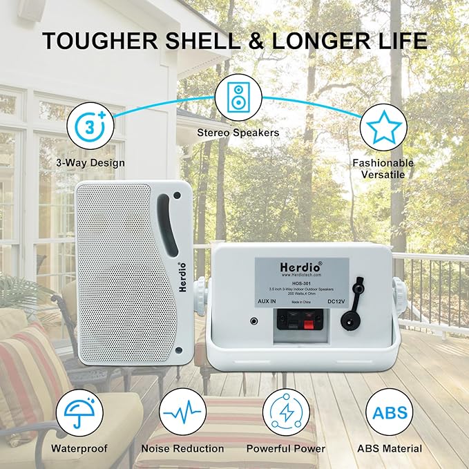 Herdio 3.5" Outdoor Bluetooth Speakers Wired Waterproof, 200W 3 Way Upgrade Premium Wall Mount Speakers, Durable Mountable Loud Sound System for Patio Indoor Deck Garage (White Pair)