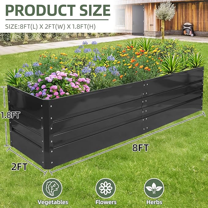 1MORE Raised Garden Bed- 8x2x1.8ft Planter Garden Boxes Outdoor, Raised Beds for Gardening, 21in Tall Large Metal Garden Bed Kit for Vegetables Flower, Deep Root Planter Raised Beds with Tools.Grey