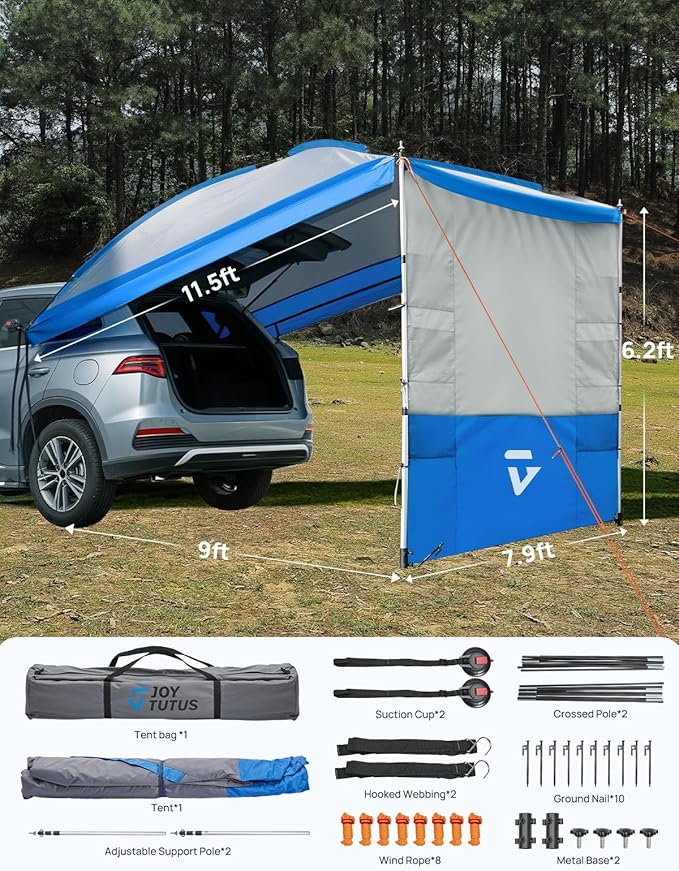 JOYTUTUS Versatile Vehicle Awning with 3 Removable Sides, Large Car Awning 11.5FT * 7.9FT, UV50+ and Waterproof PU2000mm Truck Canopy, SUV Camping Sunshade with 8 Storage Pockets