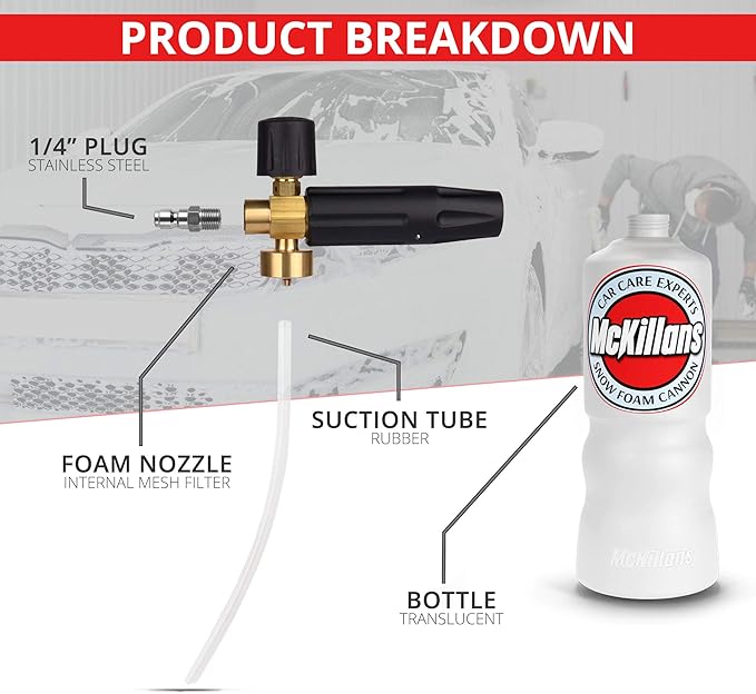 McKillans Car Wash Foam Cannon for Pressure Washer - Snow Lance Soap Dispenser for Car Washing with Adjustable Thick Foam - Including 1/4 Quick Connector