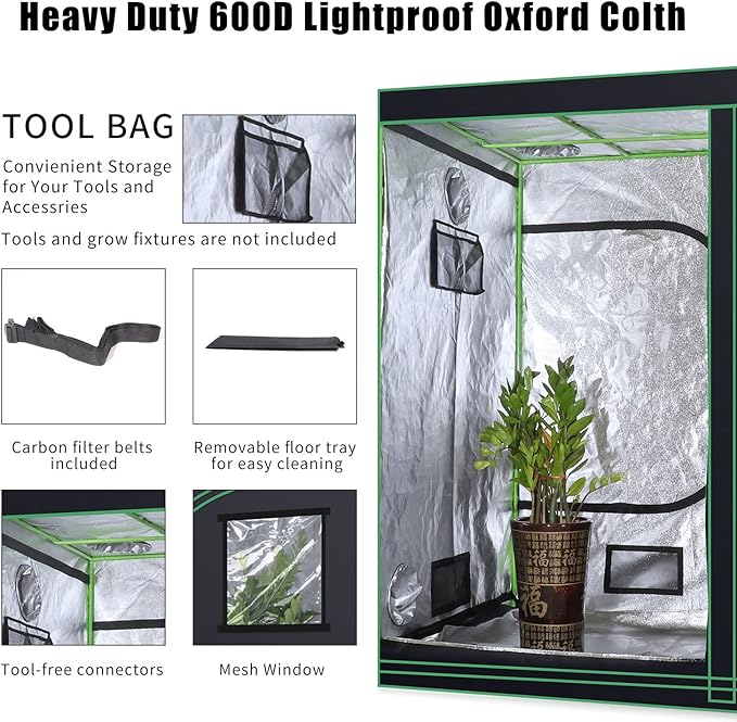 24''x24''x48'' Grow Tent Hydroponic Higher Density 600D Mylar Reflective Indoor Plant Greenhouse with Observation Window and Removable Floor Tray for Flora Vegetables Flower