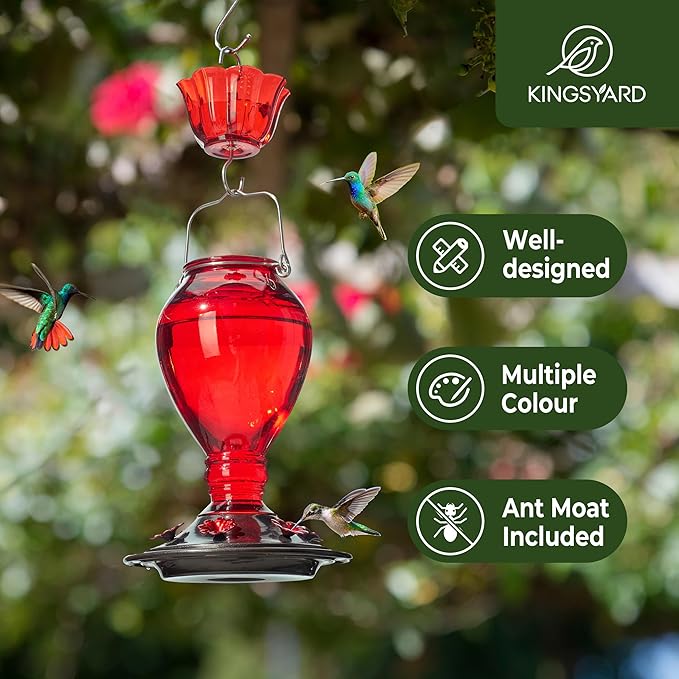 Kingsyard Glass Hummingbird Feeder - 6 Bee Guard Feeding Ports & Ant Moat, 24 oz Leak Proof, Wild Bird Feeder for Outdoors Hanging, Easy to Clean & Refill, Garden Yard Décor, Red