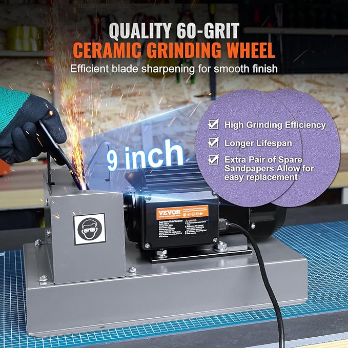 VEVOR Lawn Mower Blade Sharpener, 1HP 750W Lawnmower Blade Grinder with 9-inch Ceramic Grinding Wheel, Powerful Bench Mower Sharpening Machine for High/Low Lift Blades, Gator Blades, Flat Blades