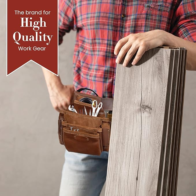 Style n Craft - 4 Piece and 19 Pockets Pro Framer’s Combo, Tool Belt with 2 Tool Pouches and 1 Pliers and Hammer Holder, Full-Grain Leather Carpenter Tool Belt Combo, Dark Tan (98444)