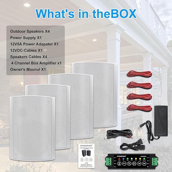 STUDIOFINIX 5.25 Inches Outdoor Bluetooth Speakers Waterproof 600 Watts Perfect for Indoor- Outdoor Patio Porch Wall Mount System (4 Speakers,White)