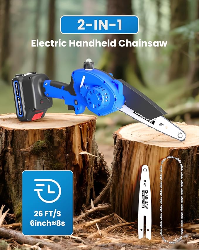Mini Chainsaw Cordless, 8 inch & 6 inch Electric Chain Saw with 2 Pack Rechargeable Batteries, Battery Powered Handheld Saw Gardening Tools for Trees Branches Trimming Wood Cutting