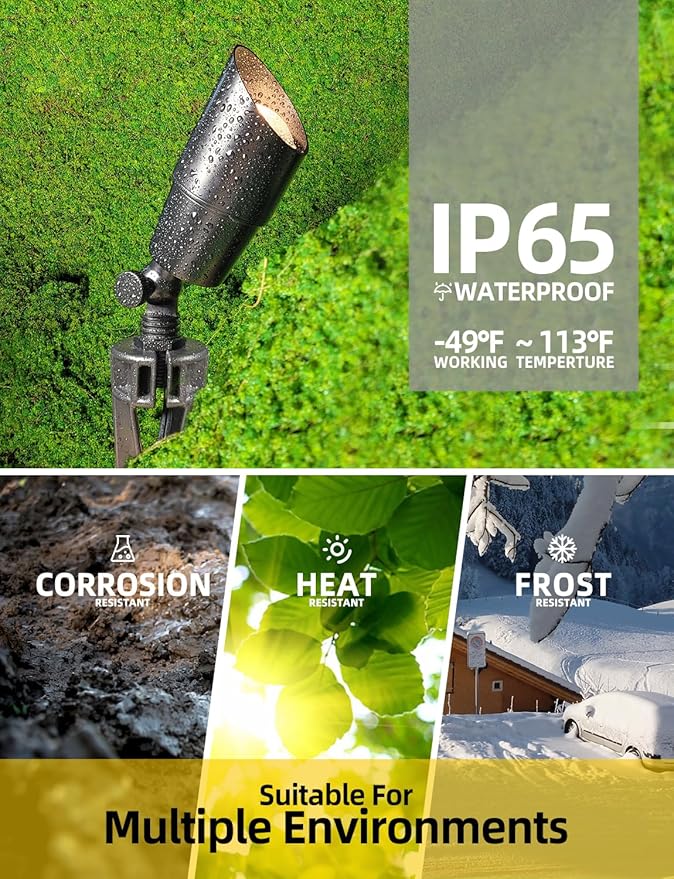 COLOER Die-cast Brass Landscape Spotlight(Black) 10-Pack with 5W Aluminum Housing MR16 LED Bulb 2700K 450LM CRI85+,12V AC/DC Low Voltage Outdoor Uplighting, Garden Patio Spot Up Light(101B-Black)