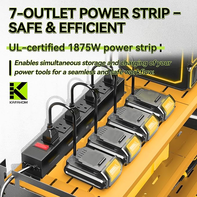 KAFAHOM Power Tool Organizer with Charging Station,9 Drill Holder Wall Mount,4 Layer Durable Metal Cordless Drill Storage for Garage Organization,Battery Tool Rack Built in 7 Outlet Power Strip-Yellow