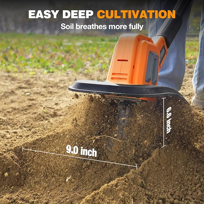 Alloyman 20V Cordless Tiller Cultivator, 360RPM Electric Garden Tiller, with 2 * 4.0Ah Batteries & Charger, 9In Tilling Width and 6.6In Depth Garden Rototiller for Lawn/Gardening/Soil Cultivation