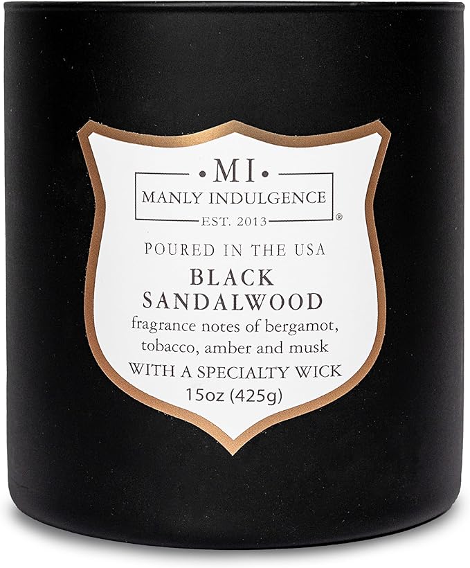 Manly Indulgence Black Sandalwood Scented Candle for Men 15 oz – Bergamot, Tobacco, Amber & Musk - Wood Wick - Up to 60 Hours Burn - Soy Blend Wax, USA Poured – Signature Collection