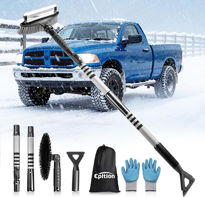 57" Long Snow Brush Ice Scraper | Extendable | Multipurpose | Easy to Use | Antifreeze Gloves | 270° Pivoting | Snow Ice Removal | Fit for Car SUV MPV Truck Van Windshield Window Roof Gift