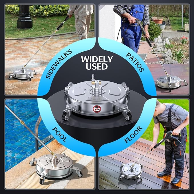 14" Pressure Washer Surface Cleaner 4500 PSI with 304 Industrial-grade Stainless Steel Housing,1/4” Quick Plug, 4 Universal Wheels, 2 x 15" Extended Wands, 2 Replacement Nozzles, 4 Spray Nozzle Tips