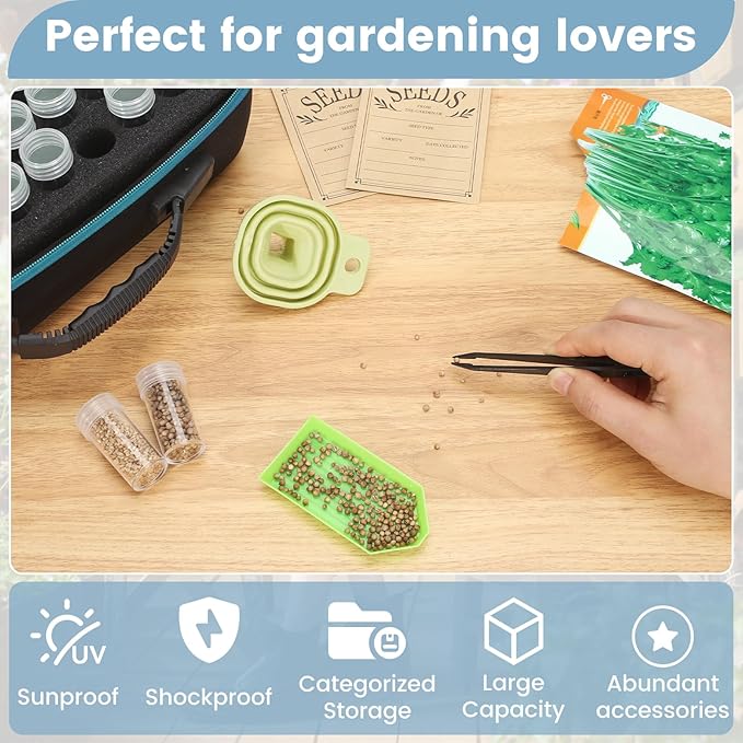 120 Slots Seed Storage Box with 25 Envelopes and Tools, Large Sturdy Storage Organizer for Garden Plant Seeds, Seed Bank with Zipper, Label, Funnel, Tweezers, Tray (Seeds Not Included)