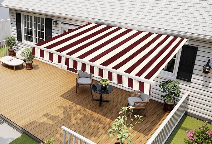 MCombo 11.5x9.5 Feet Manual Retractable Patio Door Window Awning Sunshade Shelter Outdoor Canopy,1210 (Brick Red with Beige Stripes, 11.5'(L) x 9.5'(W))