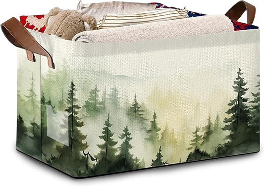 Woodland Mist Storage Basket Large 17x11.5x10.5 Inche-Collapsible Fabric Organizer Bin with Handles for Rustic Decor, Nursery, Cottage - Foldable Decorative Hamper with Foggy Forest Design-Single Pack