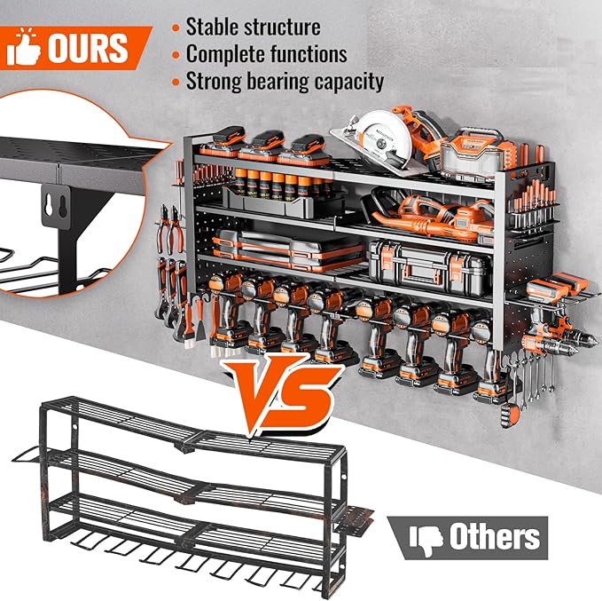 Large Power Tool Organizer Wall Mount, Heavy Duty Tool Organizer with 10 cordless Drill Holder, 4 Layers Garage Organization and Storage Rack, Tool Rack for Garage Workshop, Black