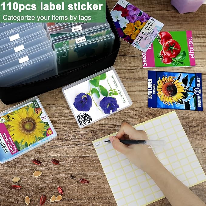 16 Slots Seed Storage Organizer Box with Zipper Bag Stickers, Big Capacity Oxford Cloth Seed Container use for Seed Packets, Garden Seed Storage Organizer for Seeds, Plant, Vegetable (White)