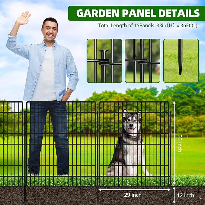 15 Panels Dog Fence Outdoor for Yard, 33 in(H) X 36 ft(L) Decorative Garden Fence Rustproof No Dig Animal Barrier Fencing Metal Wire Panel Border Patio Rabbits Ground Stakes Fencing