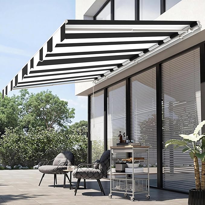 MCombo 13.2x7.8 Feet Manual Retractable Patio Door Window Awning Sunshade Shelter Outdoor Canopy,1308 (White with Black Stripes, 13.2'(L) x 7.8'(W))
