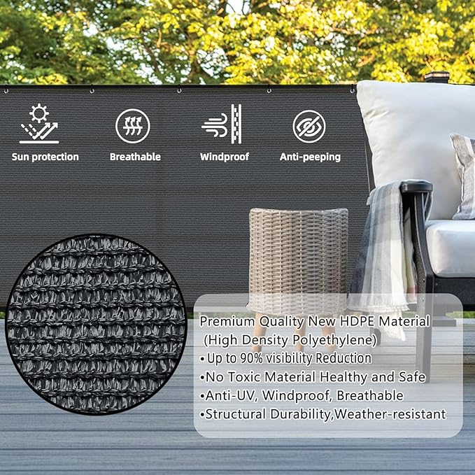 SUNLAX 2'6"x19.7' Dark Grey Balcony Privacy Screen Fence Windscreen Cover Fabric Shade Netting Mesh Cloth with Grommets UV Protection for Patio, Backyard, Porch, Railing Shield 90%