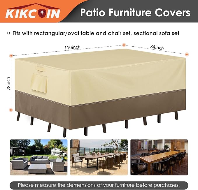 Patio Furniture Covers Waterproof for Table and Chairs, Rectangular Outdoor Furniture Set Cover, Anti-Fade, Tear/Water Resistant Patio Furniture Set Covers, 110"L x 84"W x 28"H