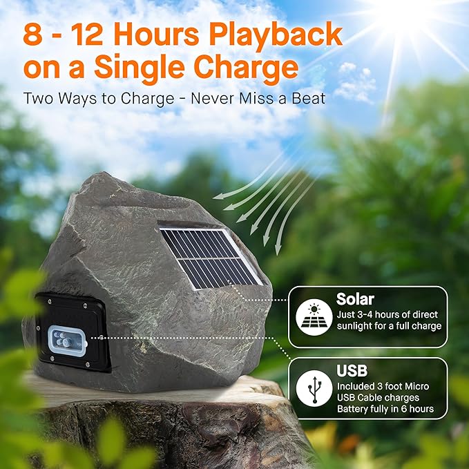 Homewell Outdoor Rock Speaker Solar-Powered Wireless Bluetooth 5.0 Portable Speaker Weatherproof for Patio, Pool, Deck, Yard, Garden and Home (Dark Grey, 2-Pack)