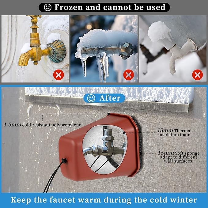 1 Pack 2025 Upgrade Extra Long Pet Proof Outdoor Faucet Covers Winter 8.5x7x5.5in Plastic Thick Foam Spigot Cover w/Reflective Strips for Outside Water Faucet Winter Freeze Protection (Red)