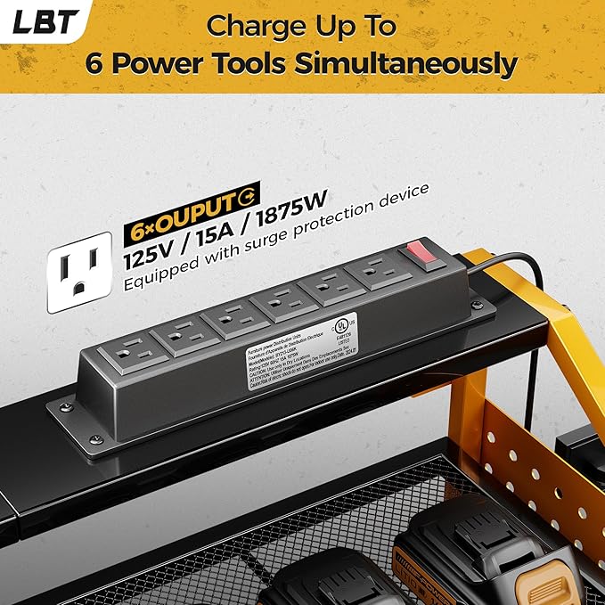 LBT Power Tool Organizer With Charging Station,Patented,Heavy Duty Steel,6 Drilling Rig Sizes With Hooks And Screw Boxes,6 sockets,Easy To Install Garage Storage Rack,Great Gift For Men, Yellow