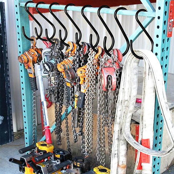 24 Pack Heavy Duty S Hooks, Non Slip Rubber Coated, 7mm Thick Metal Black S Hooks for Hanging Plants, Closet, Bird Feeders, Kitchen, Large Objects, Tools, Bikes