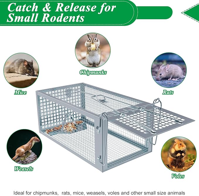 2 Packs Humane Rat Trap Outdoor, Wanqueen Humane Mouse Traps Indoor, Small Rodent Chipmunk Trap and Other Live Animal Cage Catch and Release