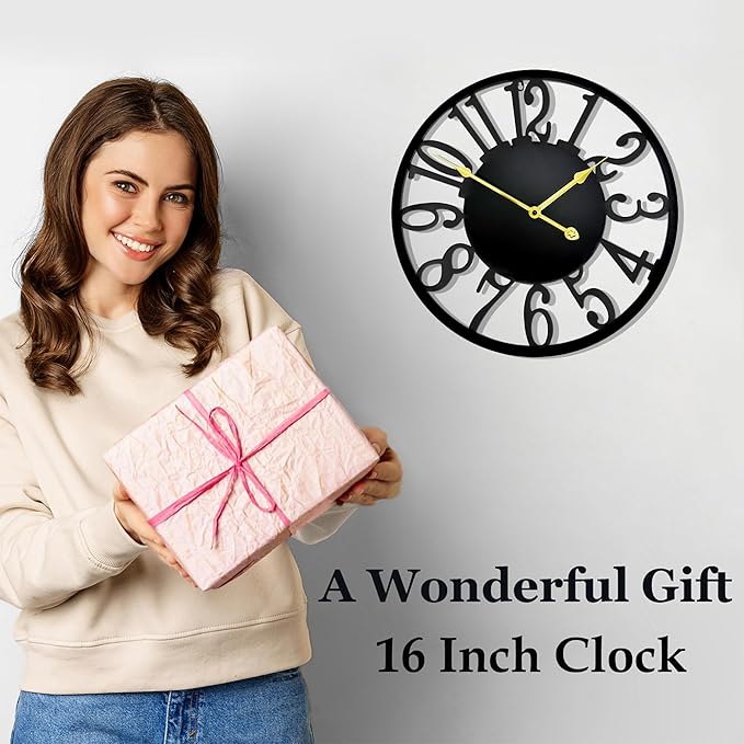 16 Inch Large Outdoor Clock, Silent Battery Operated Modern Wall Clock, Black Metal Decorative Clock for Patio, Porch, Pool Area, Farmhouse, Living Room